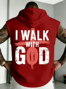 Men’s "I Walk With God" Cross Print Sleeveless Hoodie, Inspirational Faith-Based Gym Tank Top, Casual Workout & Daily Wear Hooded Vest#FaithBasedHoodie #IWalkWithGodTank #MensSleevelessHoodie #ChristianGymWear #TikTokFashion