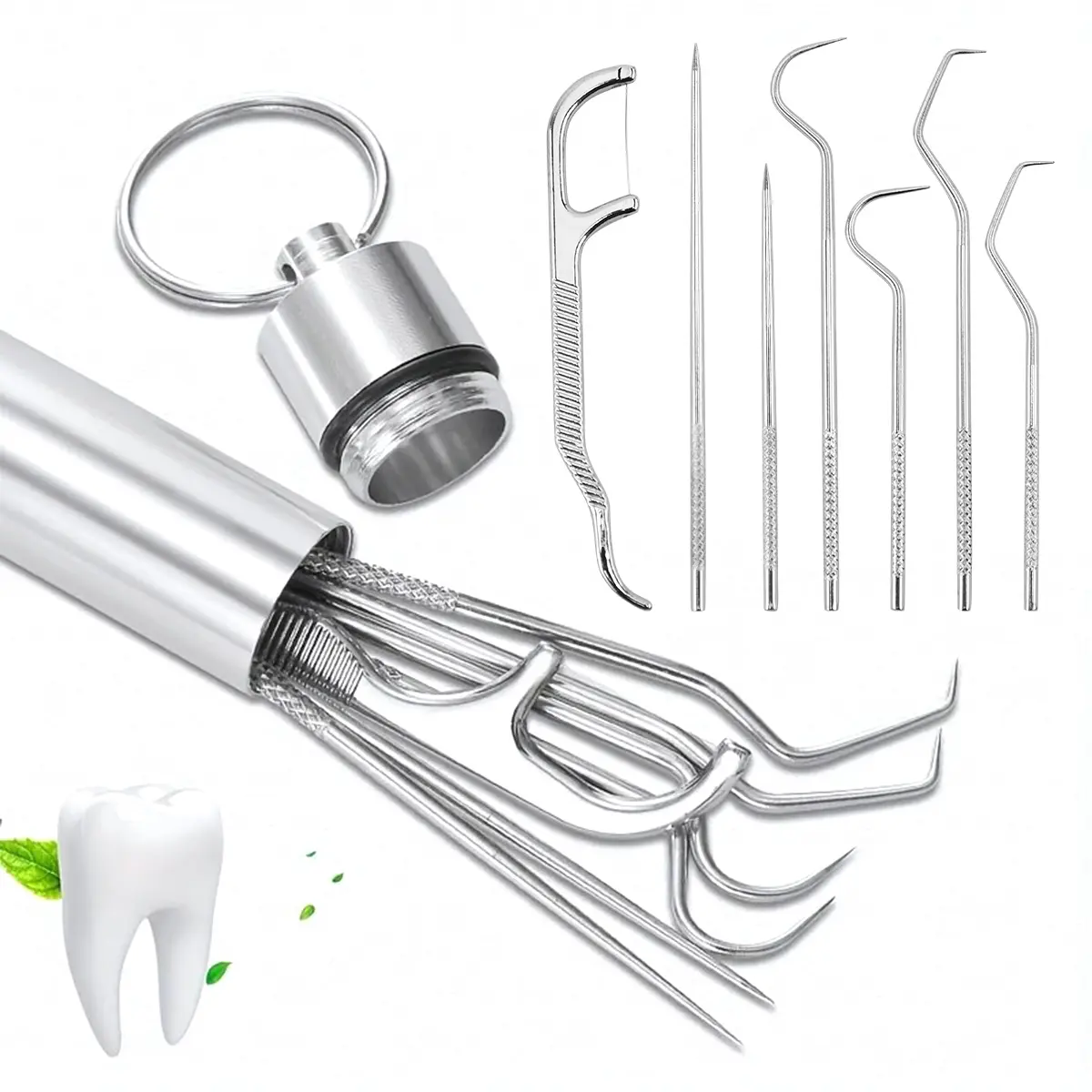 7Pcs Portable Stainless Steel Toothpicks Pocket Set, Reusable Metal Toothpicks Cleaning Kit with Holder for Outdoor Picnic Camping Traveling