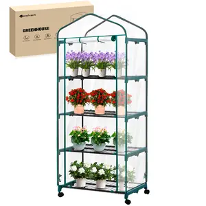 Yesker Mini Greenhouse 27"x20"x63" Portable Indoor /Outdoor Small Green House with 4 Tier 4 Shelves Wheels Transparent PVC Cover Compact Greenhouse Kit for Winter Gardening Balcony Patio Backyard