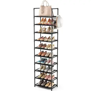 10 Tiers Tall Shoe Rack 20-25 Pairs Boots Organizer Storage Sturdy Narrow Shoe Shelf for Entryway, Closets with Hooks, Black