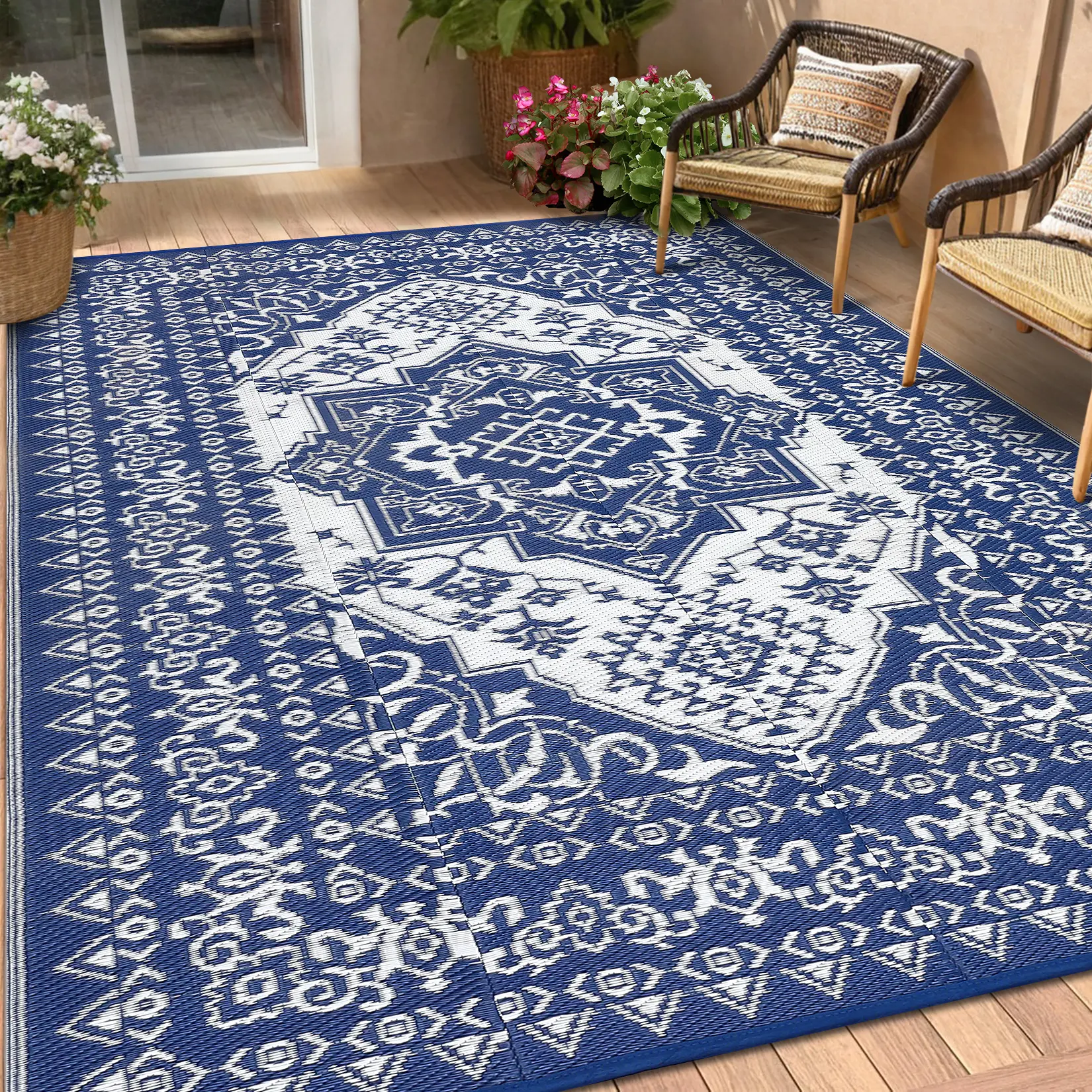 Outdoor Rug Patio Waterproof Vintage Floral Camping Rug Double-sided Plastic Straw Rug Waterproof Mat for RV Deck Beach Balcony Courtyard Picnic 8x10ft