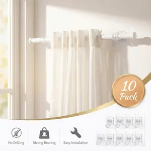 (Transparent)  10 Counts Set No Drilling Self Adhesive Curtain Rod No Drill Curtain,Free Adjustable Curtain Rod Hooks,Rod Brackets Holder Hooks Nail Curtain Hangers for Bathroom Kitchen Home Bathroom and Hotel no-drill