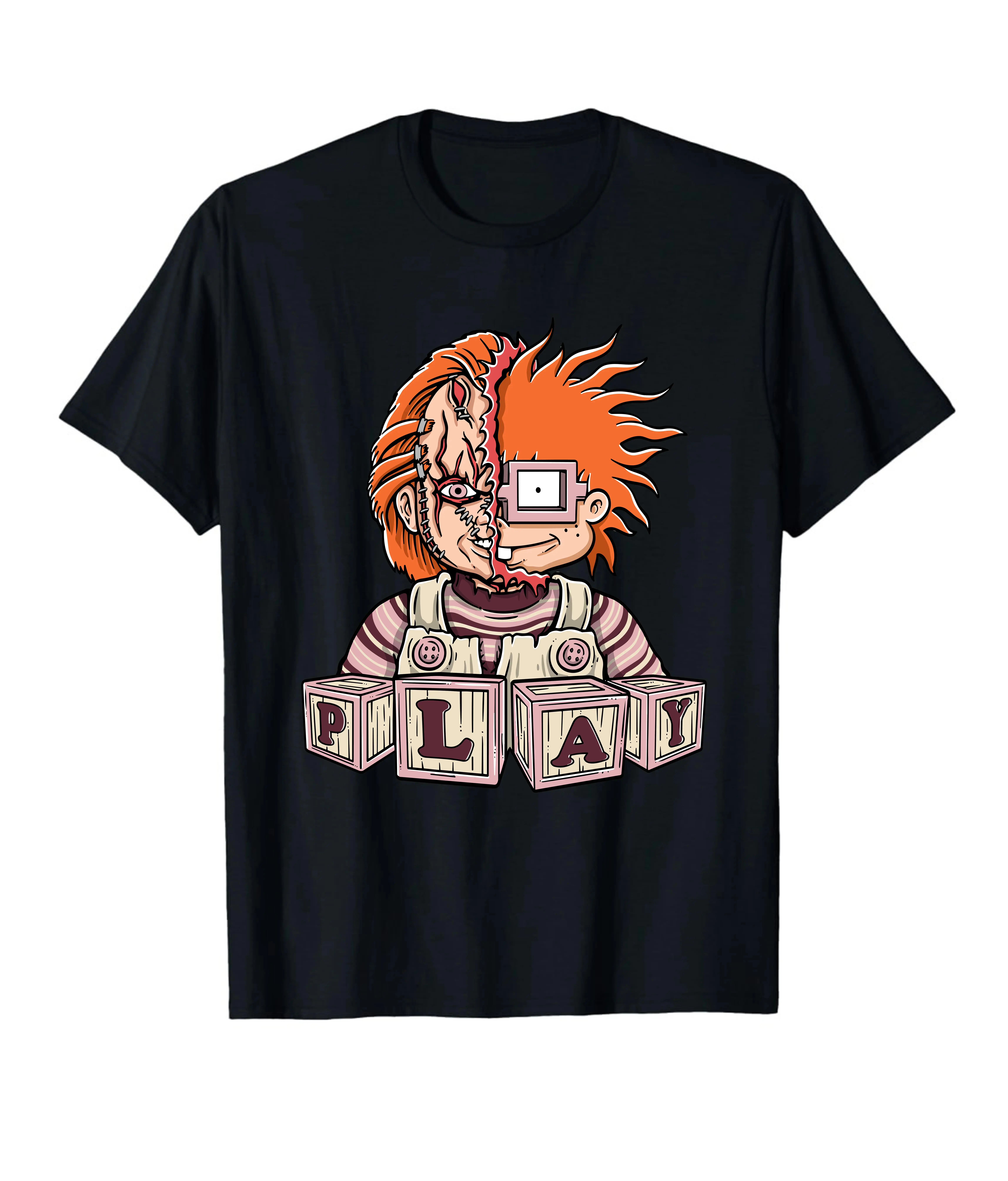 Spooky Doll Graphic Print Men's T Shirts, Casual Crew Neck Top for Summer, Stylish Halloween Costume & Birthday Gift, Tshirt, Menswear, T-Shirt, Shortsleeve, Fashion, Play Chucky