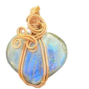 Natural Labradorite Heart Wire Wrap Pendant - for Unisex- Spiritual Jewelry