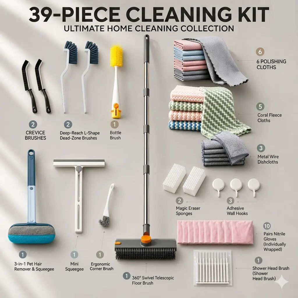 39-Piece Home Cleaning Kit, All-in-One Cleaning Tools Set with Floor Brush, Pet Hair Remover, Squeegee, Grout Brushes, Microfiber Cloths & More