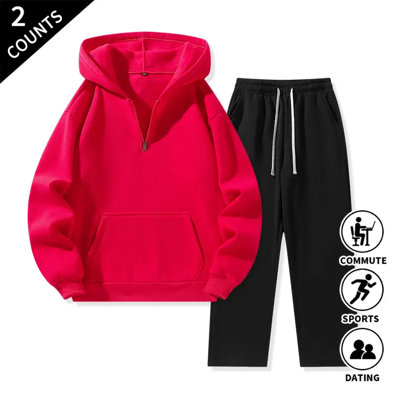 Men's 2-Piece Half-Zip Hooded Sweat Set - Male Clothing Matching Tracksuit, Long-Sleeve Hoodie with Front Pocket, Drawstring Straight-Leg Pants for Commuting, Sports