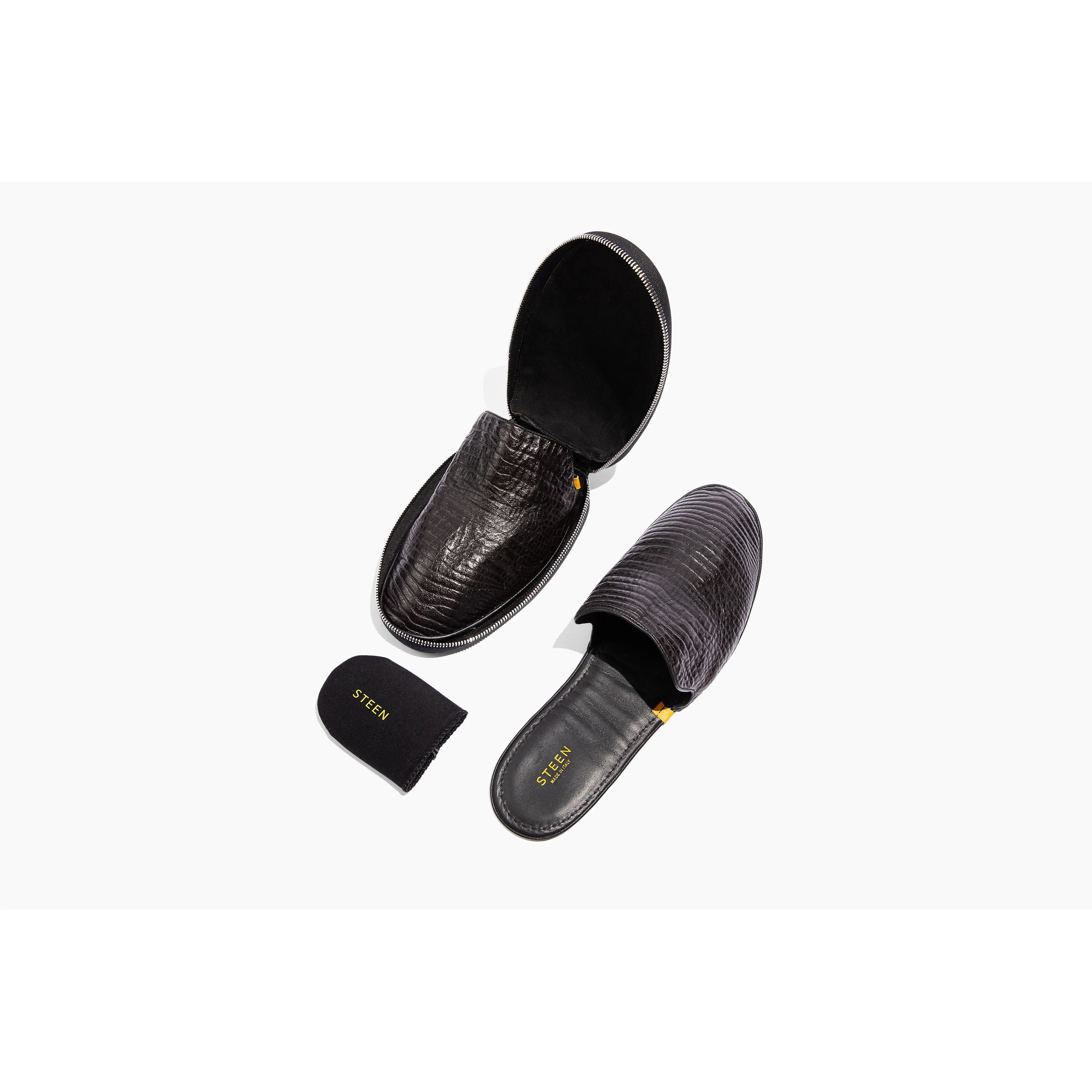 Womens Black Crocodile Embossed Leather Foldable Slipper
