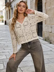 Women's Floral Geometric Crochet Cardigan, Spring & Fall Boho Style, Casual Argyle Pattern, Button Front, Slim-Fitting, Round Neck