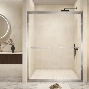44-48" x 72" Tempered Glass with Explosion Proof Film, Aluminum Frame Double Sliding Shower Door, "1/4 (6 mm), Stainless Steel handle,Brushed Nickel   WL