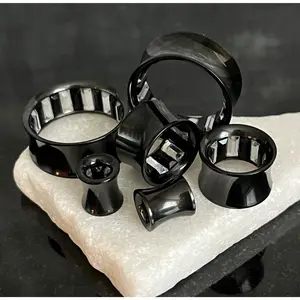 PAIR of Unique Inner Clear / Black Gems Black Ion Plated Steel Saddle Tunnels/Plugs - Gauges 0g (8mm) thru 1" (25mm)