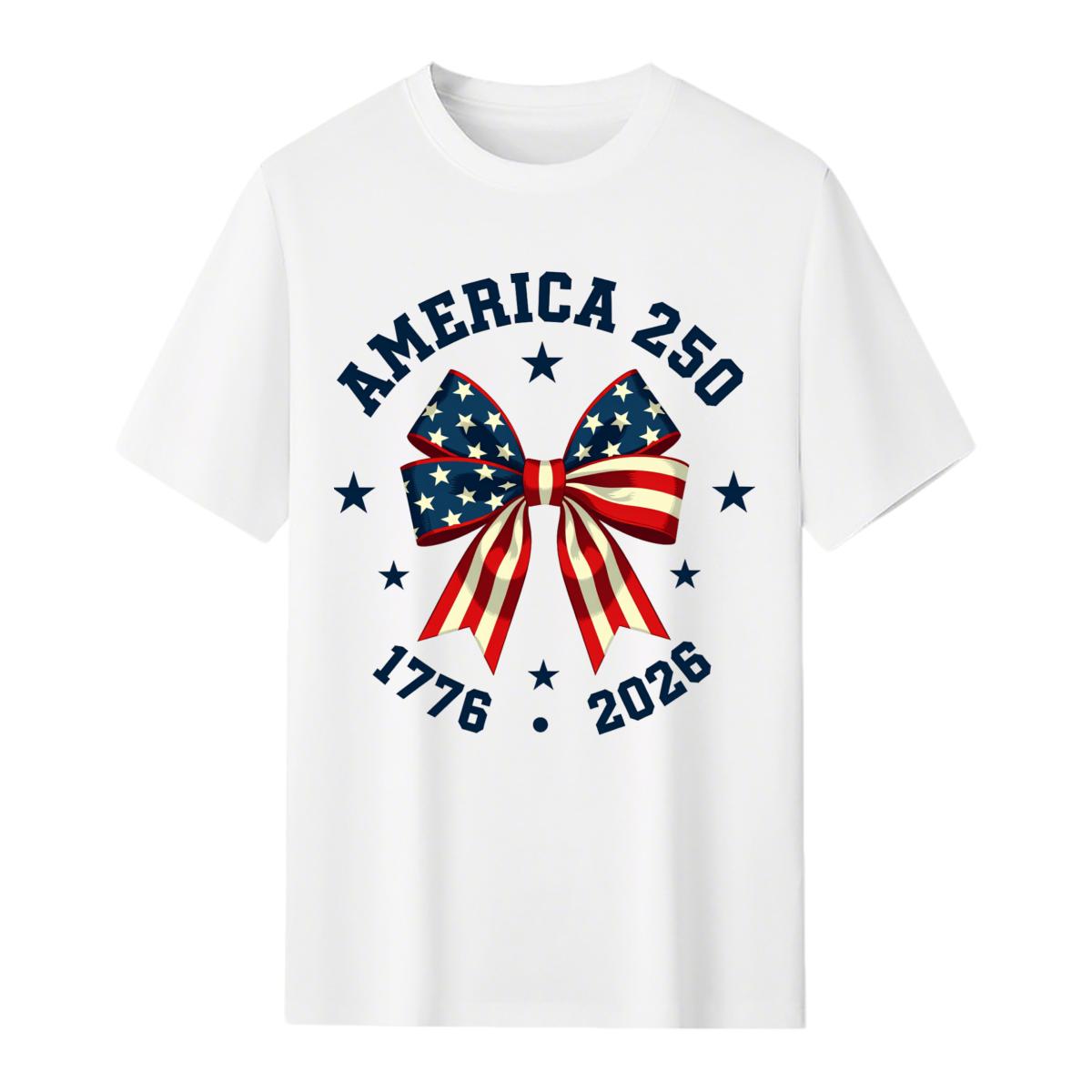America 250 Stars And Stripes Bow Print T Shirt White Crew Neck Casual Top For Independence Day Celebration,4th of July Women Streetwear Top
