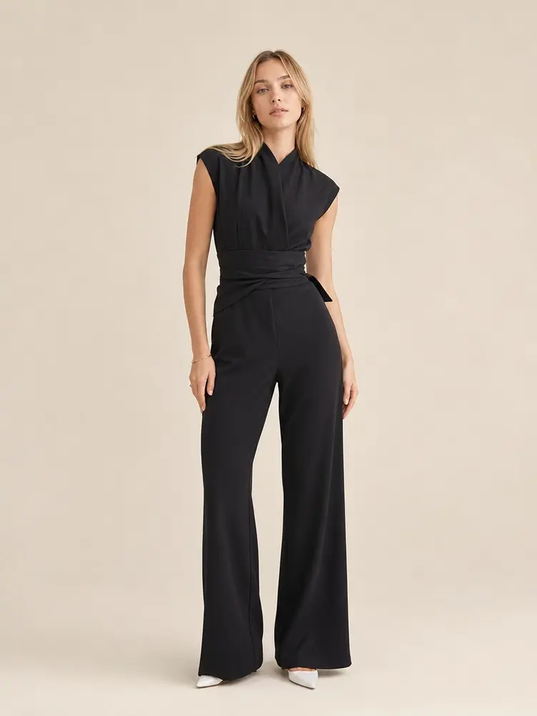 Women's 2026 Summer Sleeveless Lapel High-Waist Wide-Leg Jumpsuit - Adjustable Waist Tie Belt, Formal Elegant Sophisticated Outfit for Business Office, Wedding Guest Events