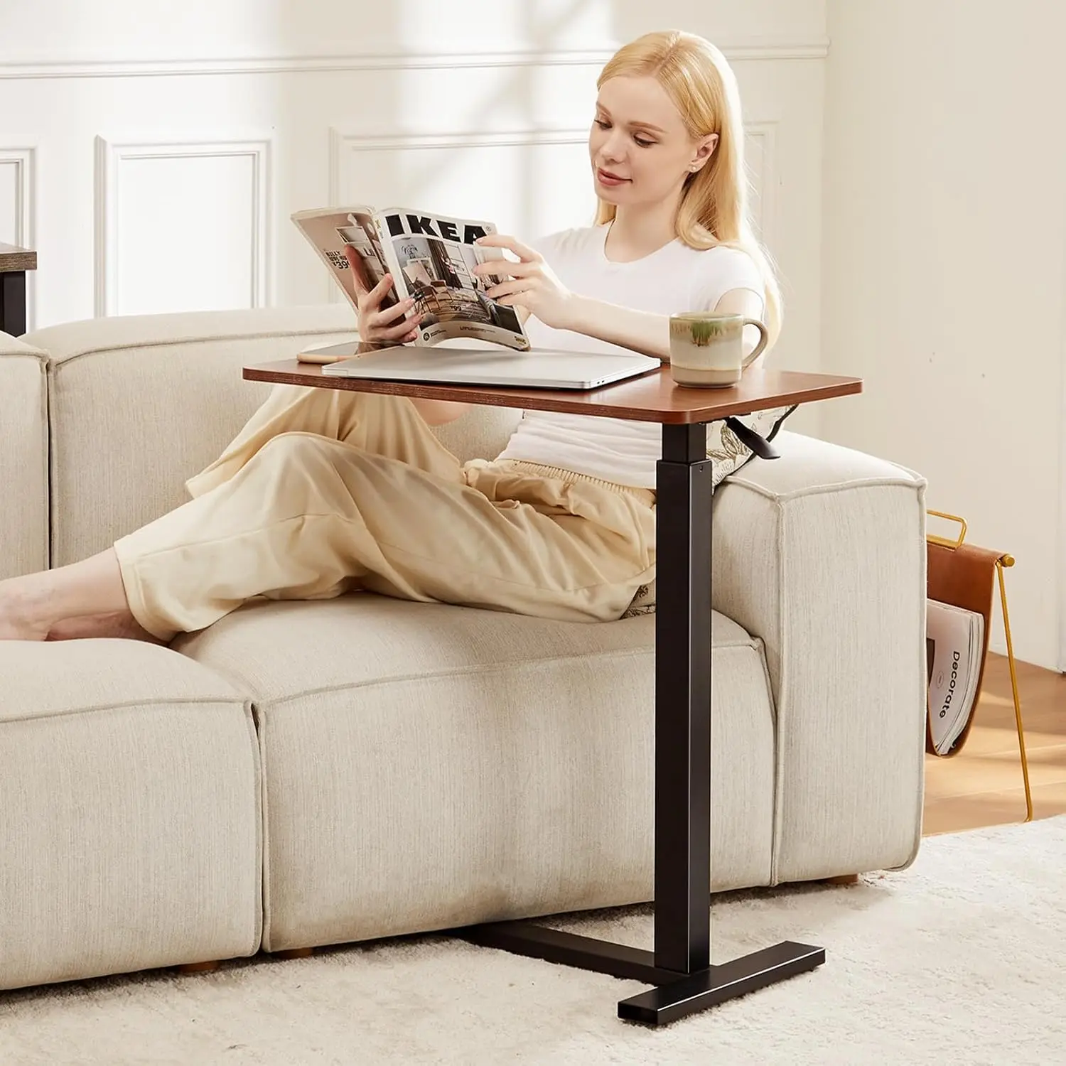 Mobile Overbed Table Bedside Storage Shelf, Adjustable Rolling Laptop Desk, Space Saving Frame for Home & Hospital Use, Chocolate