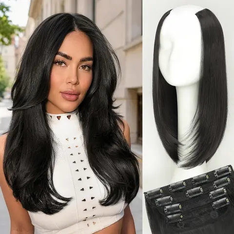 KooKaStyle 4PCS Clip-In Hair Extensions Full Set, Layered Face-Framing Straight Synthetic Hair for Natural-Looking Volume