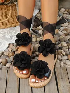 Romantic Fairy Style Sandals, French Elegant High-End Flip Flops, 3D Camellia Strap Design, Princess Summer Shoes