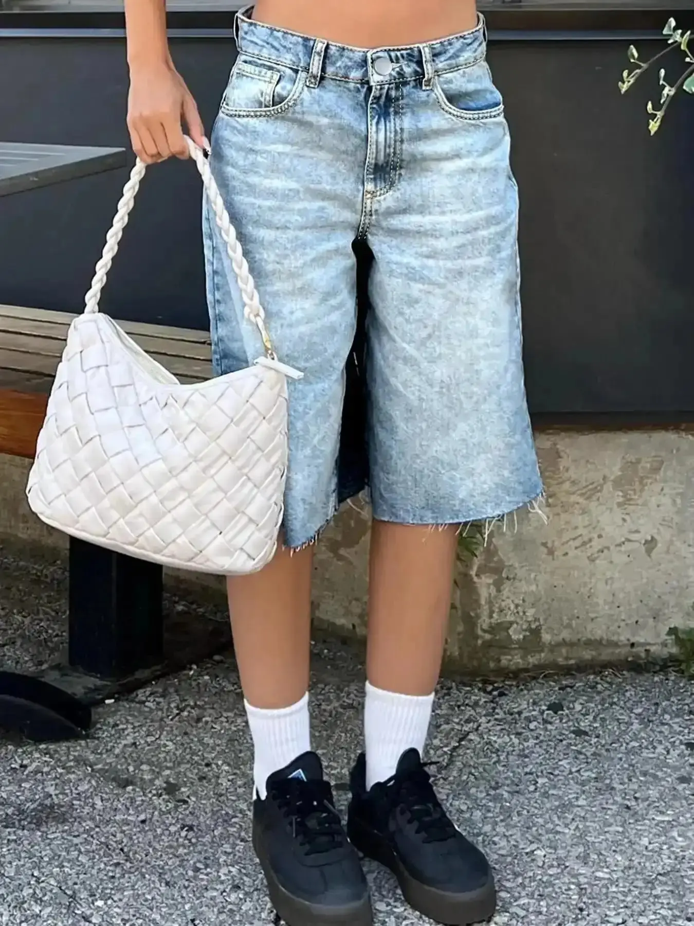 Women's Mid Rise Acid Wash Light Blue Denim Jean Jorts, Oversized Baggy Short Knee-Length Frayed-Hem, Vintage 90s Casual Style, Comfortable Streetwear Bottom elegant vacation style effortless fashion forward