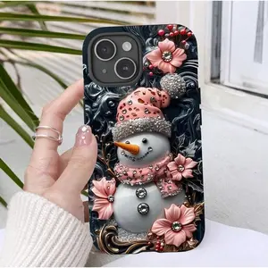 Merry Christmas,Christmas Snowman Phone Case, Bling Pastel, Christmas Gift Idea Glamorous Winter Style, Tough Case - Tough Case - Case Suitable for IP 16 15 14 13 12 11 X Promax Plus