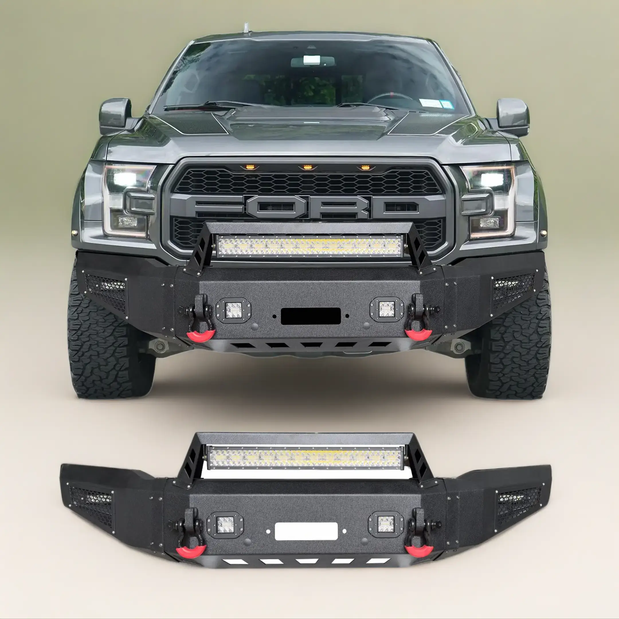 Vijay Black Texture Steel Front Bumper (Car Accessories) for 2017-2020 Ford F150 SVT Raptor, with Winch Plate, 2 LED Lights, 2 D-Rings, Off-Road Vehicle Accessory Performance, Vehicle Accessories Simple screw installation