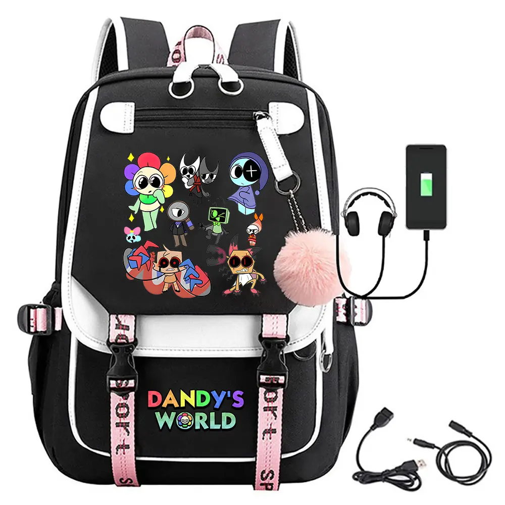Cartoon Game Dandy's World Character Backpack with USB Charging & Headphone Jack, Pom Pom Decor Casual Rucksack, Multi Compartment Daypack Ideal for School and Daily Use