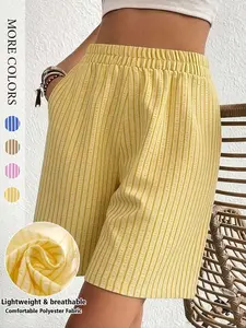 Women’s Bermuda Shorts Vertical Stripe Knee Length Elastic Waist with Side Pockets Loose Fit Casual Summer Outdoor Wear Bottom