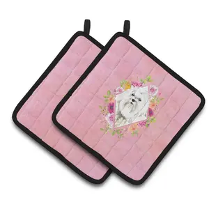 212 MAIN Thick Fabric Colorful Maltese Pink Flowers Hanging Pot Holders, 7.5x7.5 in. Pair, Oven-Safe Kitchen Pot Holders