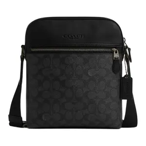 COACH Houston 22 Logo Zip Crossbody Bag for Men, Small PVC Shoulder Bag in Black and Gray