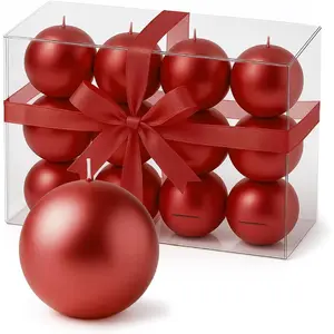 Red Ball Candles (Set of 12), Unscented Metallic Spheres, 1.5 Inch Small Rounds, Approx 2 Hour , for Holiday Tables and Party Displays