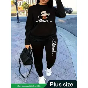 ��Plus Size�� Two-piece Set Letter Print Long Sleeve Sweatshirt & Jogger Pants Set, Casual Pullover & Trousers, Women's Spring & Fall Clothes