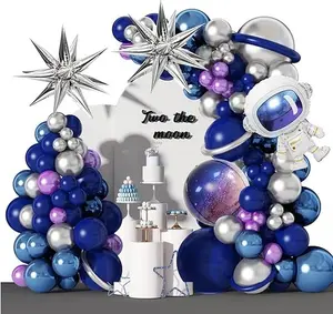 139pcs Space Balloon Garland Arch Kit - Outer Space Birthday Decorations with Blue Purple Silver Galaxy Astronaut Foil Balloons for Boys Kids Space Themed Birthday Party Decoration Supplies Knot Set Wall