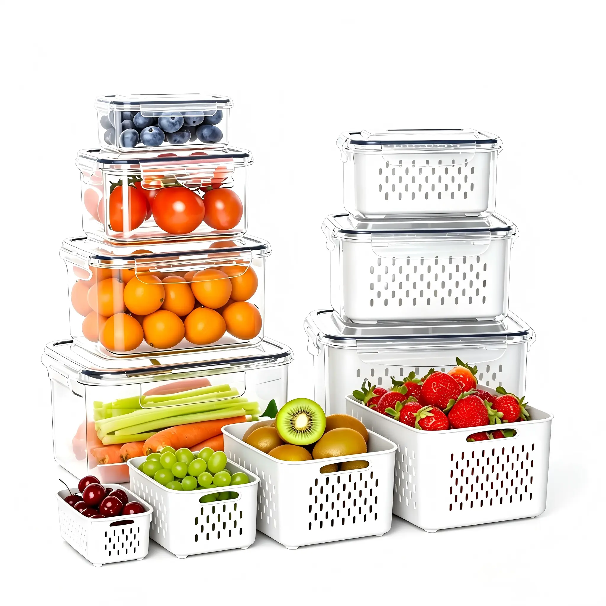 5-Pack Stackable Fridge Produce Storage Containers with Removable Drain Colander Baskets, Multi-Size Double-Layer Refrigerator Organizer Bins for Meal Prep, Berries