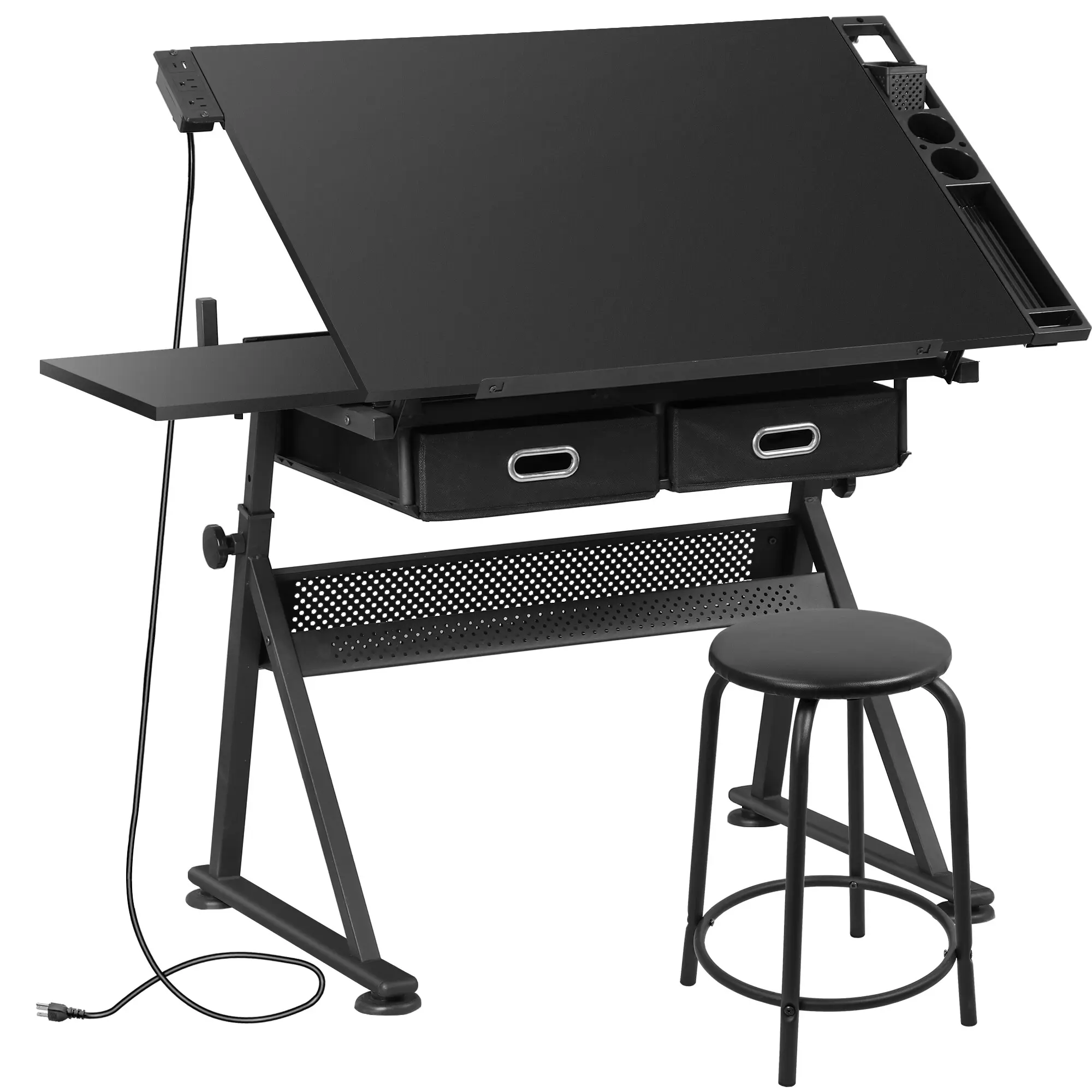 Zeny Adjustable Height Wood Drafting Desk - MDF & Steel Frame, Power Outlet with Type C/USB Ports, 130lbs Padded Stool, Tiltable Slide-Out Tabletop, Black Compact Office Furniture, Setup Included, Fabric Dual Drawers, 220lbs Capacity Home Writing Desk, Ad