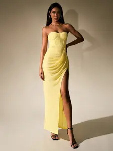 Tubebackless boned underwire ruched split thigh mesh dress, fashionable comfortable and elegant party dress