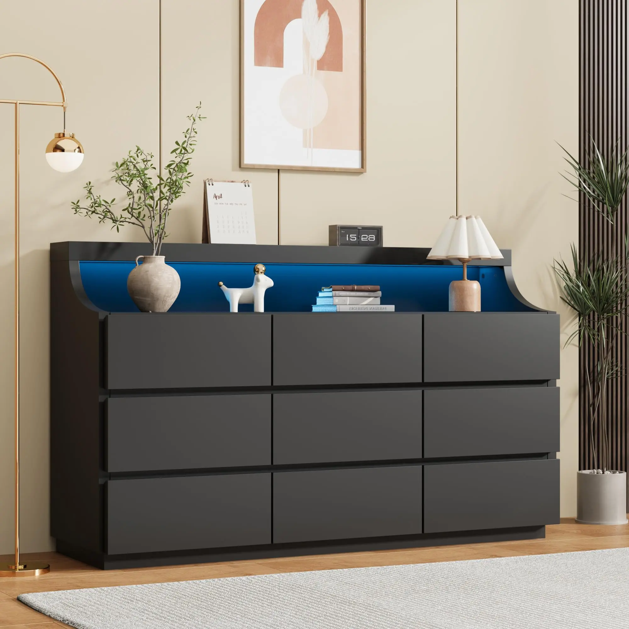 Garvee 9 Drawer Dresser for Bedroom, 59" Wooden Dresser with LED Lights and Large Storage Drawers, Modern Dressers & Chests of Drawers with Anti-Tipping Design for Living Room Bedroom (Black, 9 Drawers)