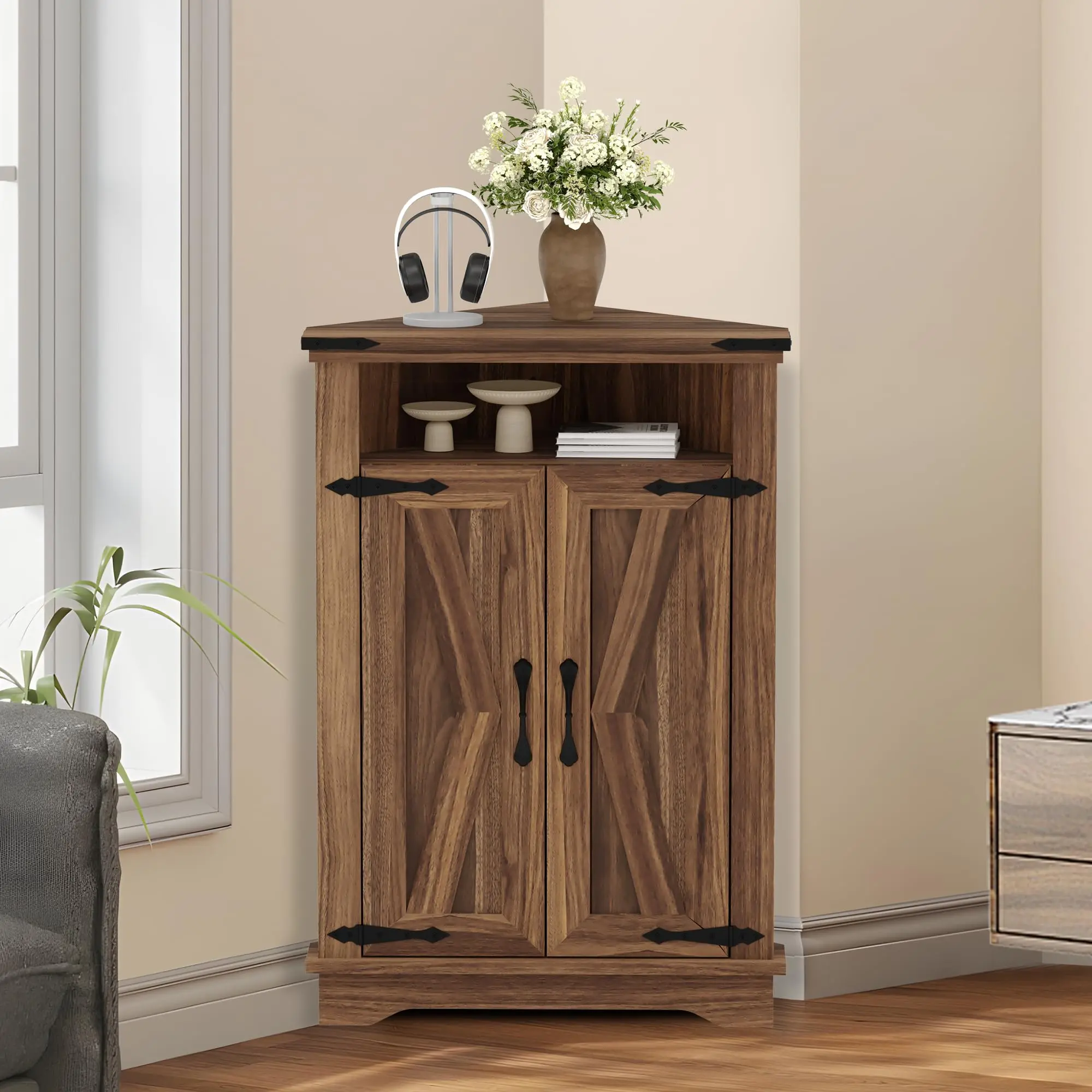 Garvee Farmhouse Corner Bathroom Cabinet with Sliding Barn Doors – Adjustable Shelf, Freestanding Storage for Small Spaces, Includes Toilet Paper Holder – Ideal for Bathroom, Kitchen, or Living Room