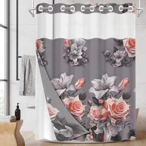 1pc hookless shower curtain with buckle lining, Bathroom Curtain, spring gray background with pink and white floral design, 2D flat printing, fabric waterproof lining, see-through double-layer shower curtain, 71 x 74 inches, modern home draping curtain