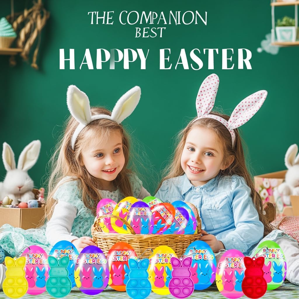 24 PCS Prefilled Easter Eggs with Bunny Pop Bubble Fidget Keychains – Easter Basket Stuffers, Egg Fillers, Party Favors for Kids Boys Girls Egg Hunt Toys-Valentine gift