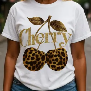 Leopard print cherry gold printed women's T-shirt, made of breathable and lightweight pure cotton material