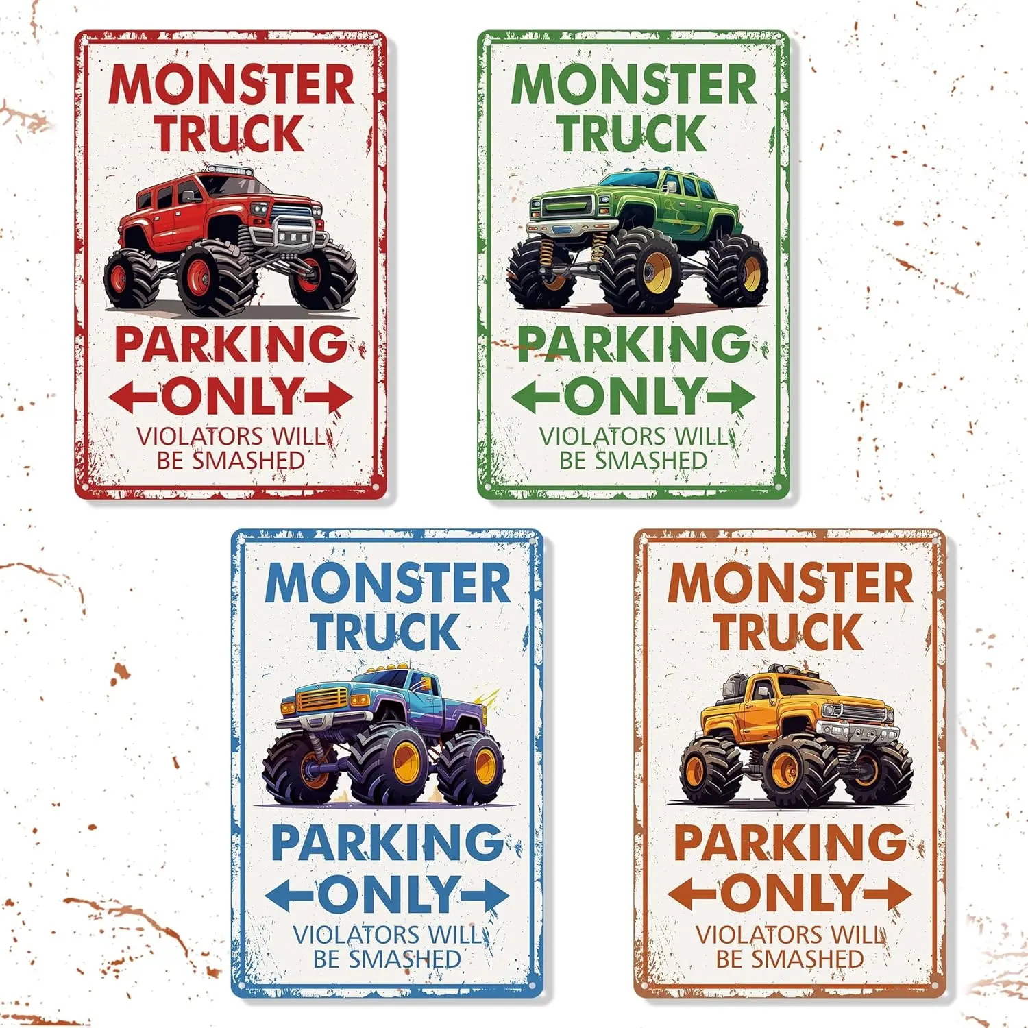 X-WPA22 4 Pcs Monster Truck Parking Only Wall Decor for Boys, Monster Jam Only Violators Will Be Smashed Wall Room Door Signs, Monster Truck Racing Kids Bedroom Wall Décor Birthday Party Decoration Decorative