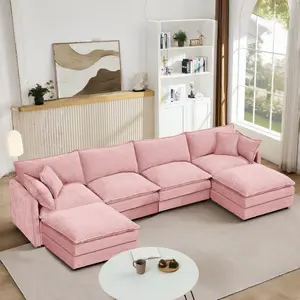 130.7" U Shaped Modular Sectional Sofa, Comfy Upholstery Chenille Cloud Couch with Ottoman, Modern 6-Seat Deep Seat Sofa with Pillow for Living Room, Bedroom, Apartment, Pink