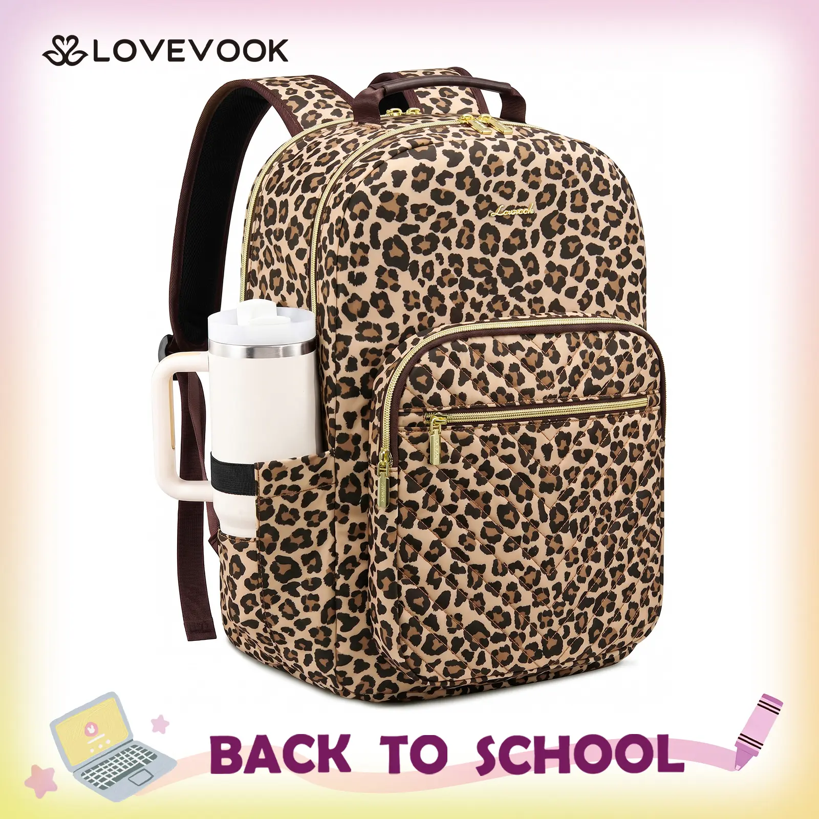 LOVEVOOK Laptop Backpack for Women with Giant Tumbler Holder 15.6 inch,Designer Travel Backpack Laptop Bag College Backpack,Quilted Work Nurse Teacher Backpack Purse Computer Bag Gift