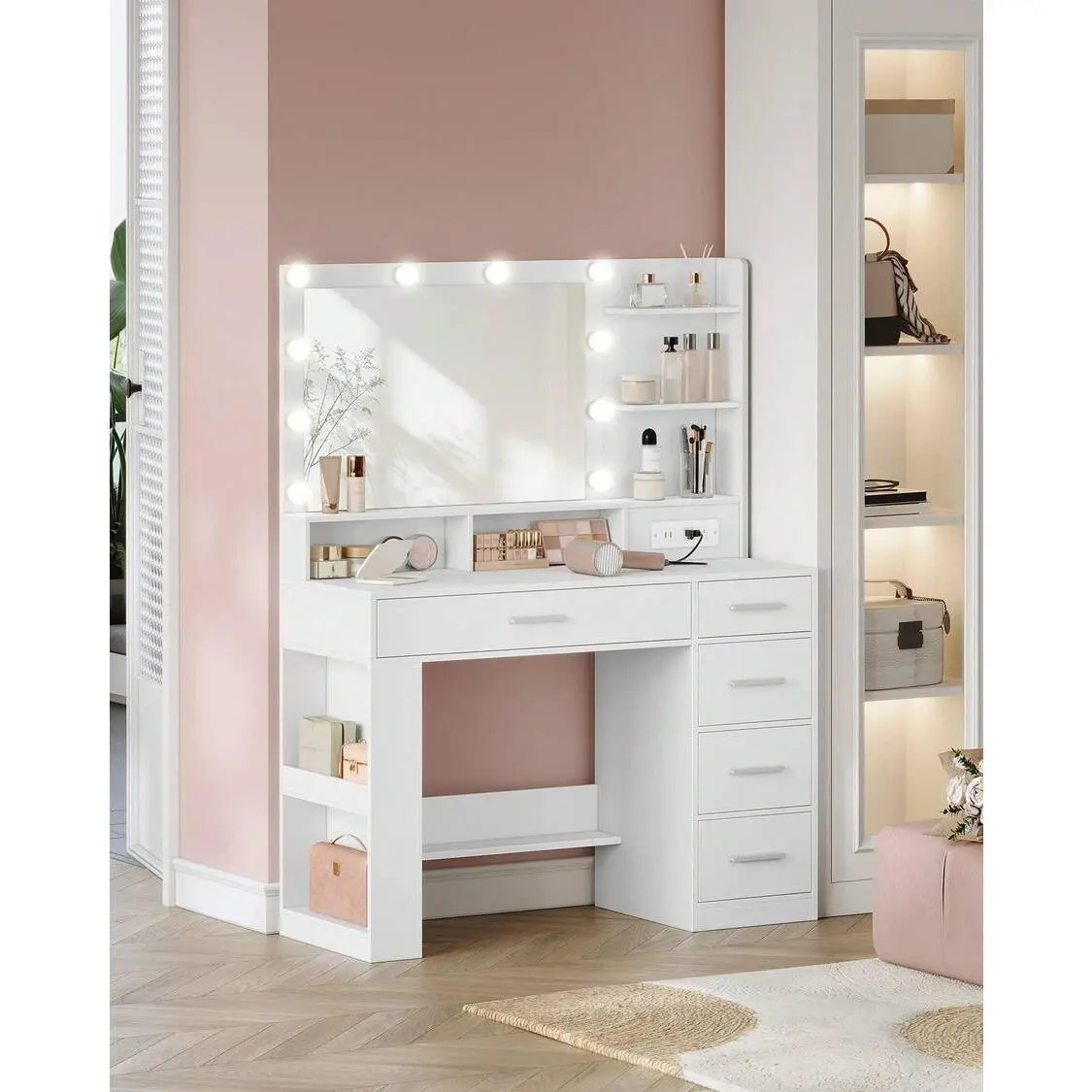 White Simple Stylish Full-Size Illuminated Drawer-Equipped Adjustable Makeup Vanity Desk - Makeup Vanity with Large HD Mirror, LED Lights, Power Strip, 6 Storage Shelves, 5 Drawers, Side Open Storage Compartment, Stylish Makeup Vanities, Adjustable Makeup