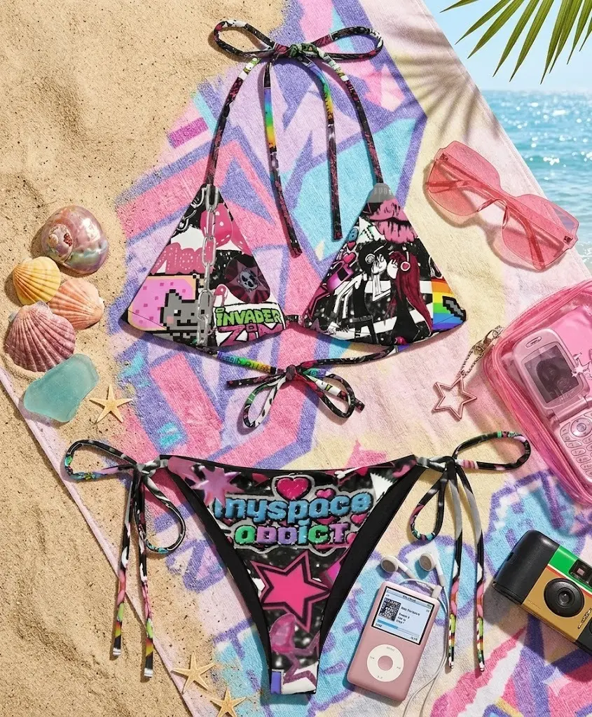 Women Y2K Emo Myspace Addict Anime Print Bikini Set Pixel Space Invader Grunge Halter Triangle Tie Side Swimsuit Comfy Summer Beach Rave Festival Vacation Aesthetic Swimwear