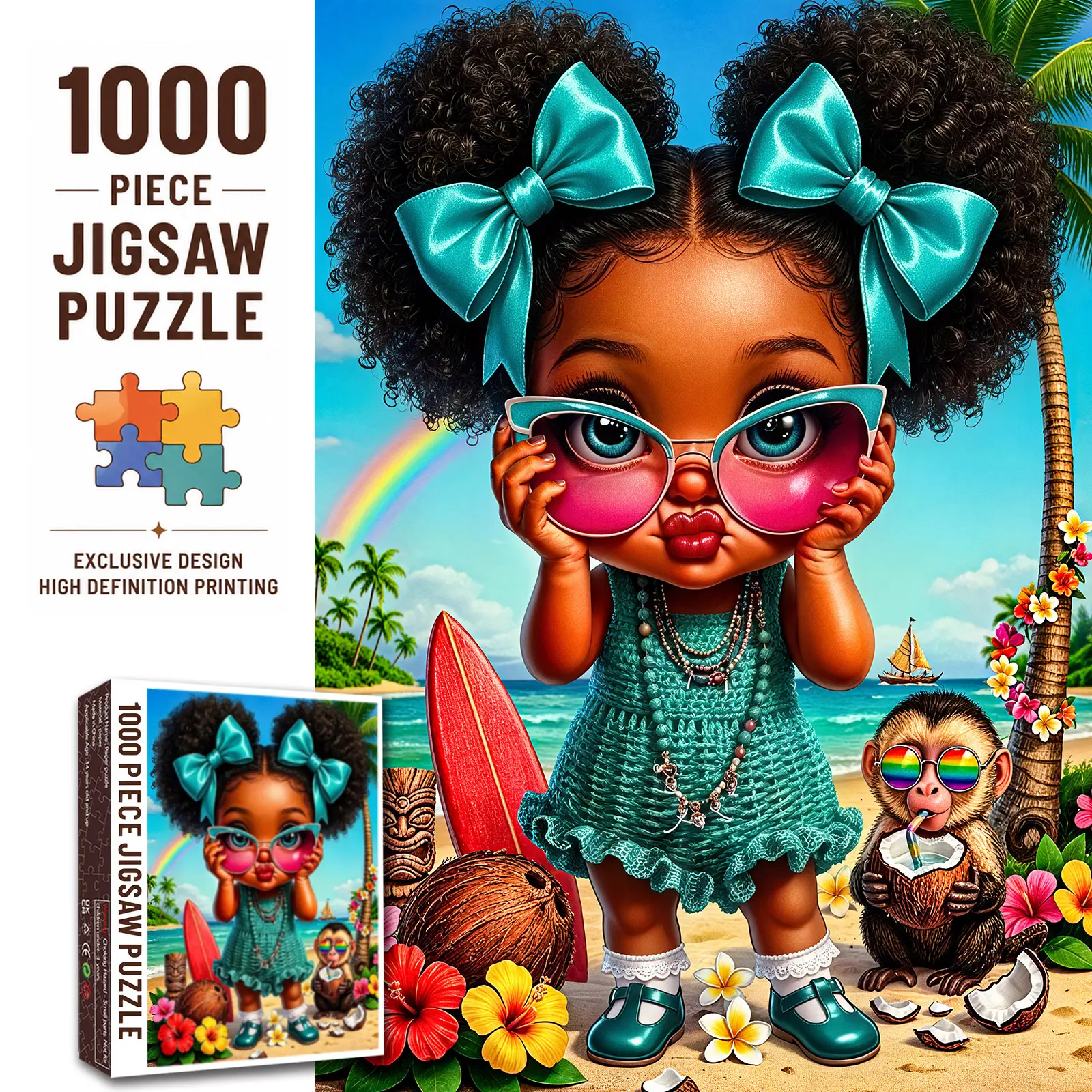 【Back to School】Walarky Tropical Cute Girl 1000 Pieces Jigsaw Puzzle for Adults, Island Beach Portrait Puzzle, Relaxing Brain Challenge Family Game, Gift for Girls Seniors, Wall Decor 27.5x20inch(70x50cm)