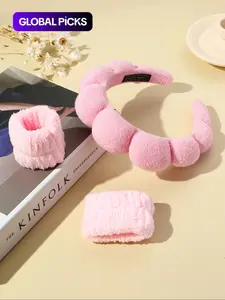Women's Simple Solid Color Sponge Headband & Face-Washing Wristbands (3pcs), Plush Hair Accessories Set, Suitable for Daily Use, Soft Puffy Headband