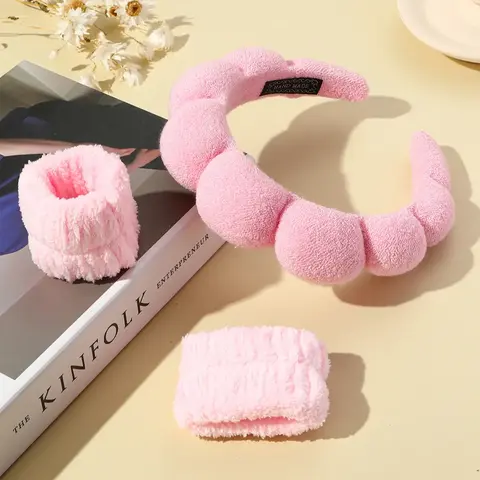 Women's Simple Solid Color Sponge Headband & Face-Washing Wristbands (3pcs), Plush Hair Accessories Set, Suitable for Daily Use, Soft Puffy Headband, Make Up Headband, Headband Accessory #GLOBAL PICKS