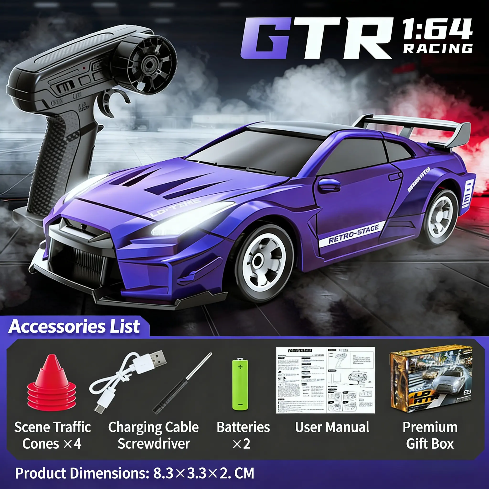1:64 RC Drift Car - GTR Model - Vibrant Purple