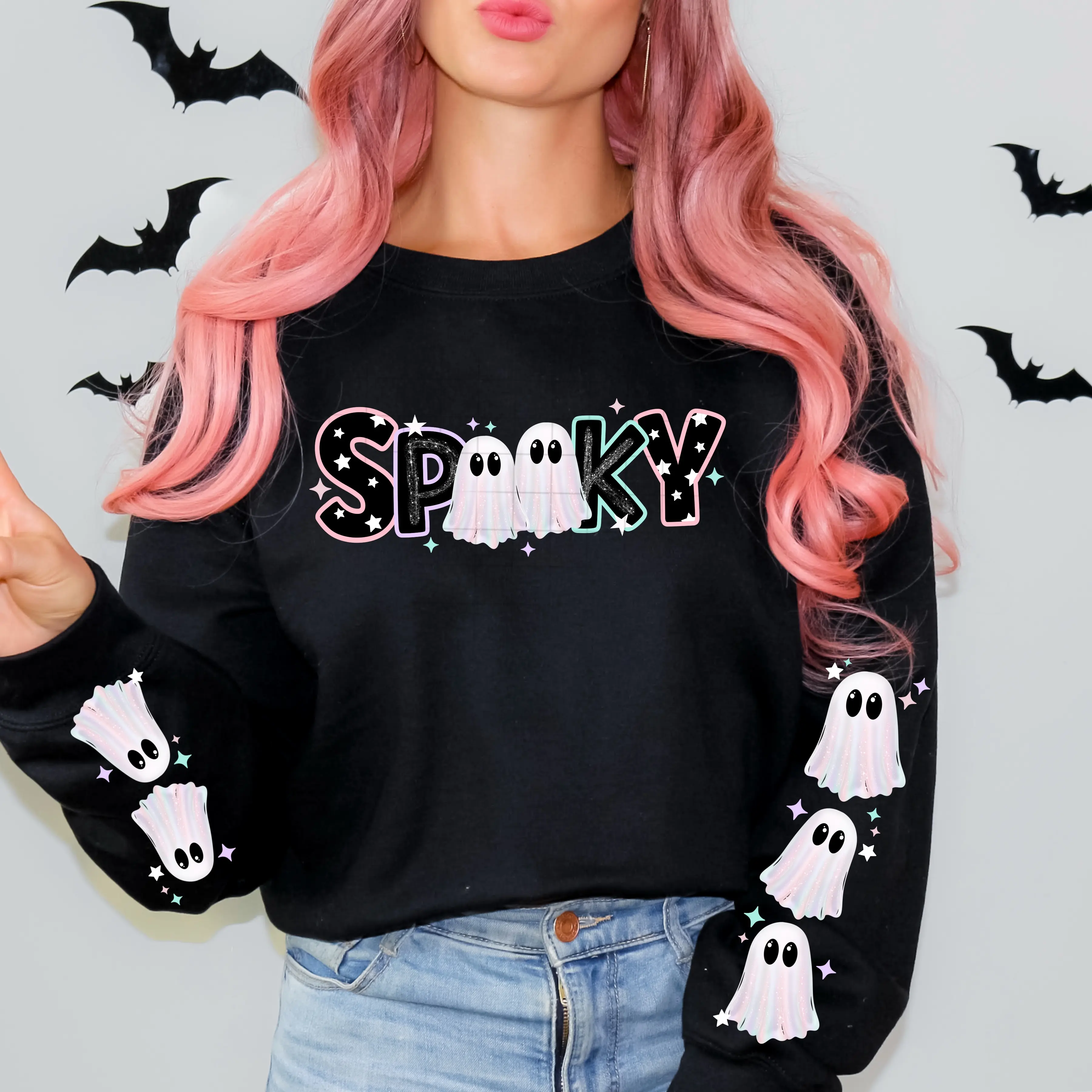 SPOOKY GHOST Graphic T-Shirt  or crewneck or hoodie- HALLOWEEN , TRENDY T SHIRT Comfort Colors  Womenswear Sweatshirts Casual Long Sleeve