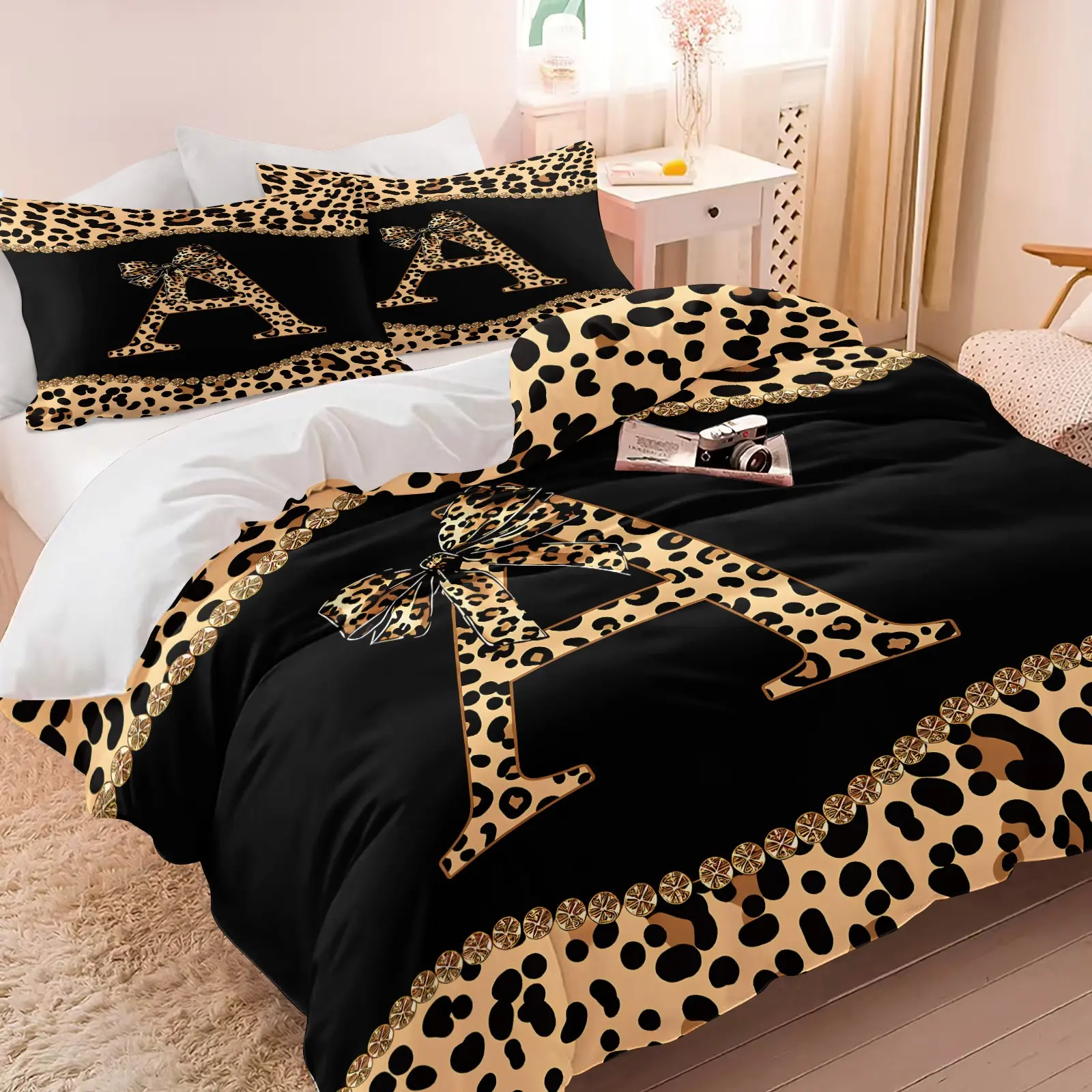 2/3Pcs Leopard Print Letter A-Z Duvet Cover Set No Filler, Luxury Black Gold Bow Decorative Bedding Set, Soft Comforter Cover, Boho Chic Style Stylish Cheetah Print Bedroom Decor for Girls Women