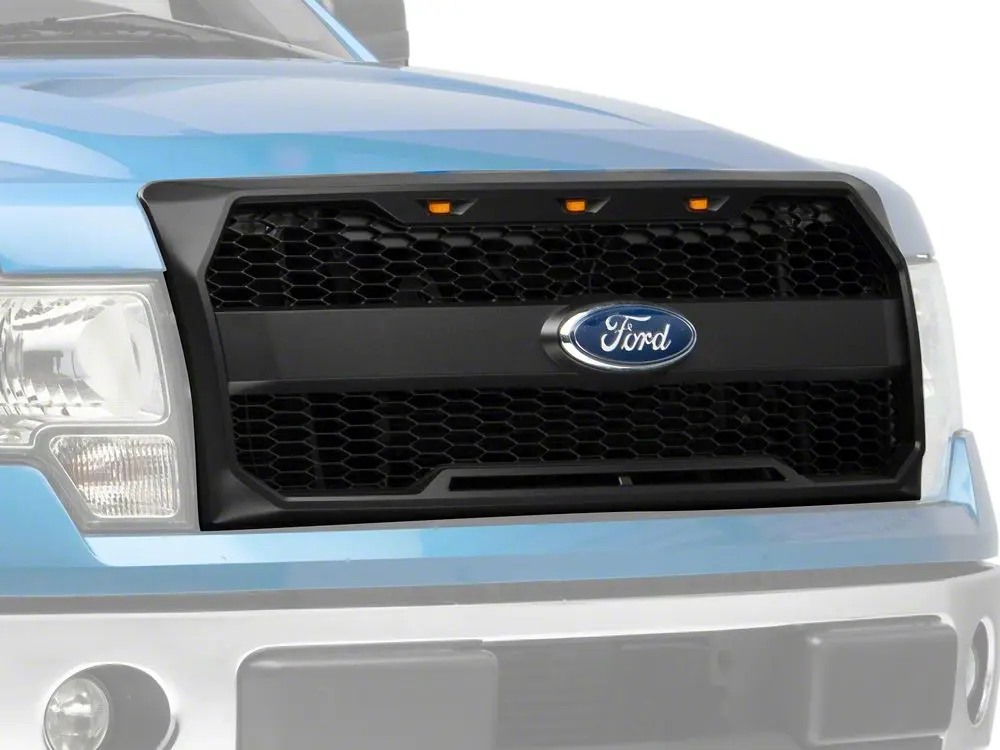 RedRock Matte Black Direct Fit Upper Replacement Grille with LED Lighting, Emblem Surround - Automotive Car Accessory for 09-14 F-150 (Excludes Raptor, Forward-Facing Camera) | Baja Look, Engine Cooling Exterior Upgrade, Honeycomb Boldness