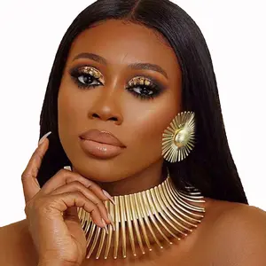 Choker Necklace Earrings Set Gold Flower African Bib Tribal Chunky Chokers Adjustable Statement Collar Necklaces Alloy Thorn Costumes Jewelry Accessories for Women